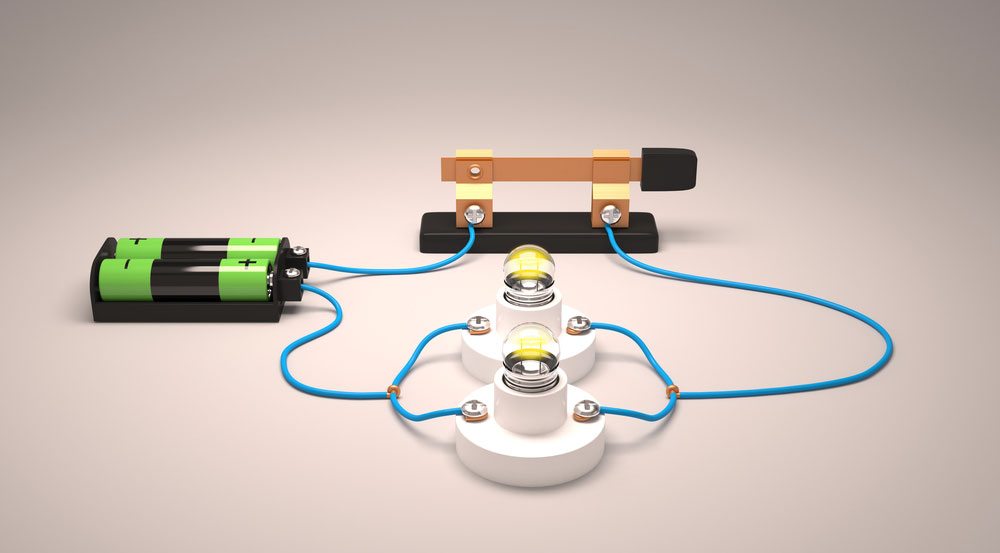 3D rendering of a parallel circuit with light bulbs.